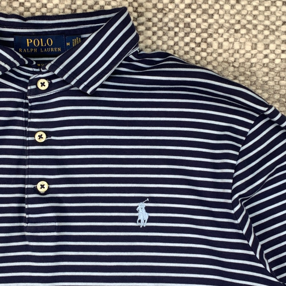 Polo Ralph Lauren Polo Shirt Mens M Blue Striped Custom Slim Fit Short Sleeve